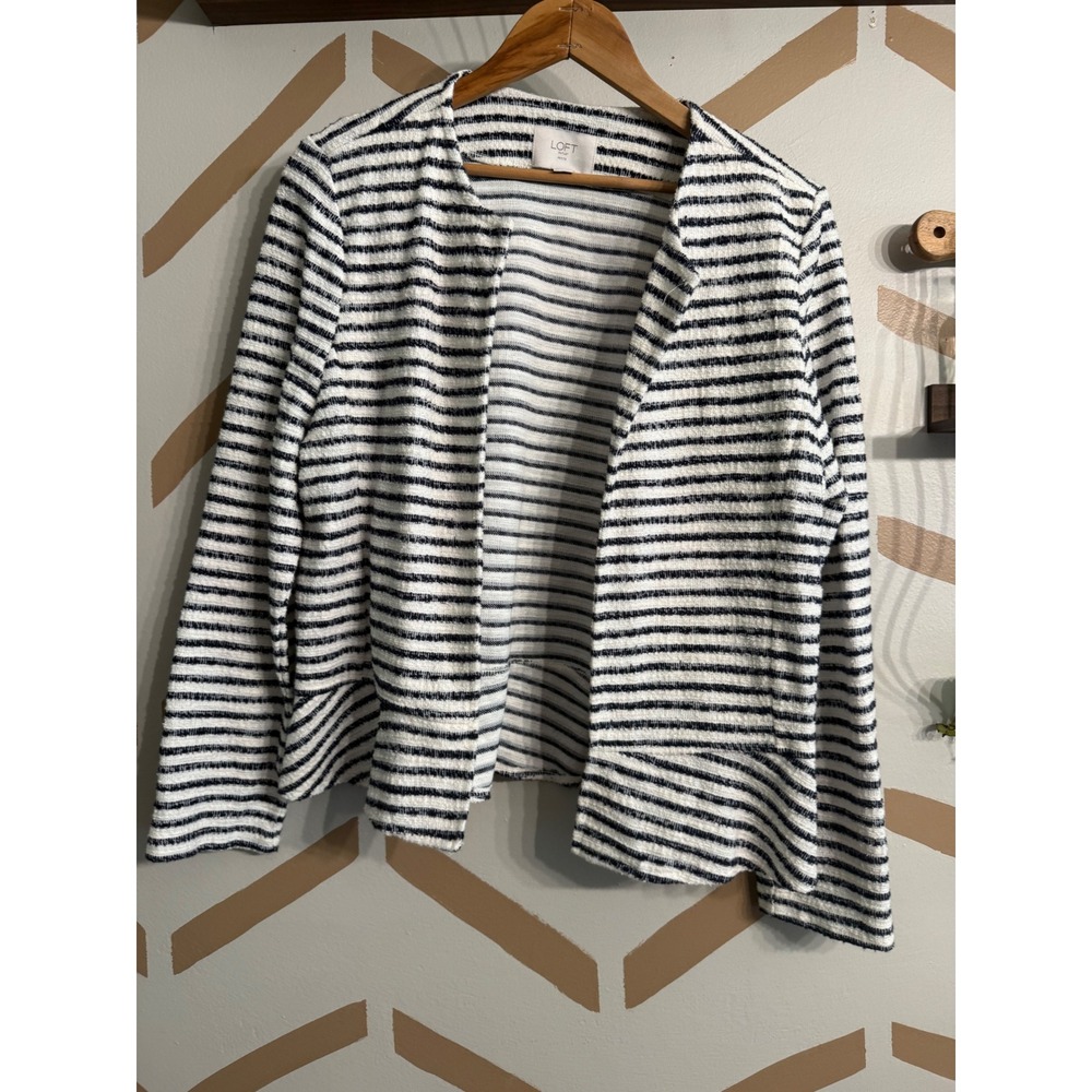 LOFT Sweater Blazer Womens MP White Navy Blue Stripe Peplum Knit Cardigan